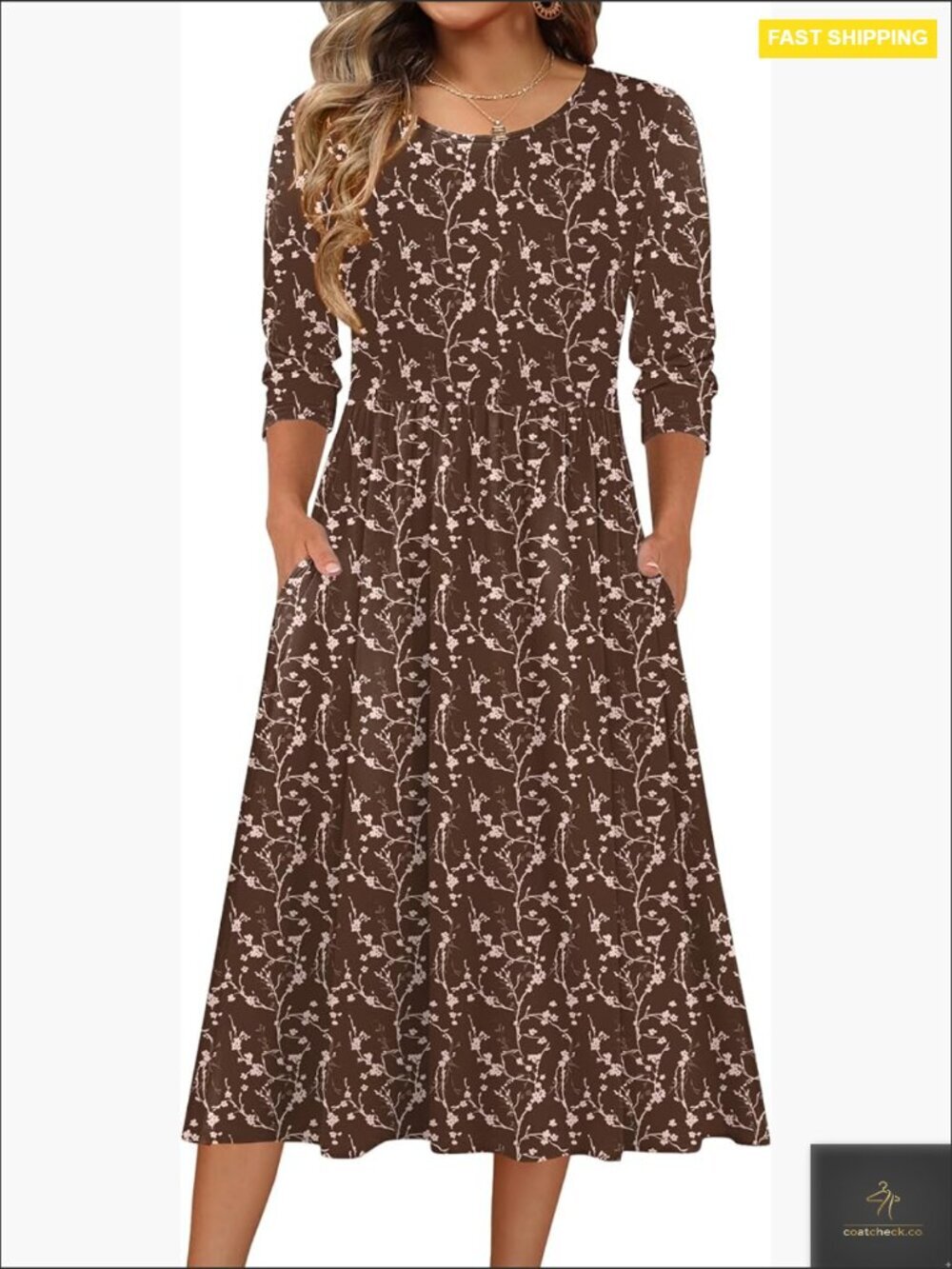 Flowy A-Line Midi Dress Casual Boho Chic 3/4 Sleeve with Pockets